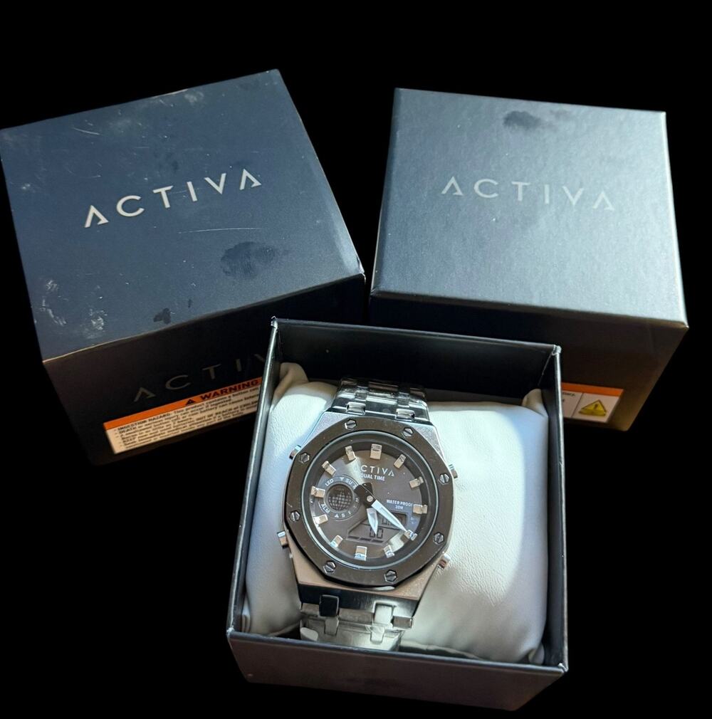 Activa ACWM303-005 Men's Dual Time Analog Digital Quartz Watch Silver Tone New